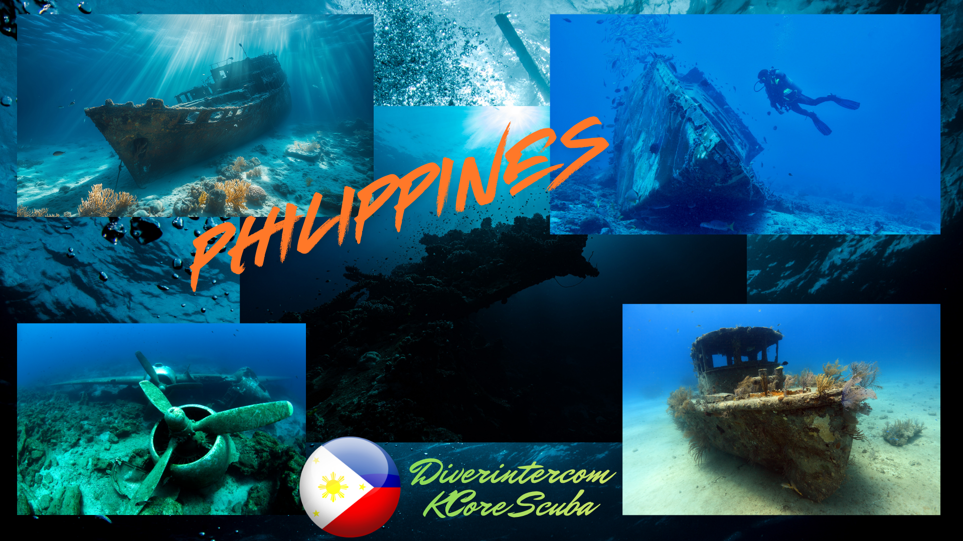 Philippines wreck diving collage with multiple underwater wreck scenes