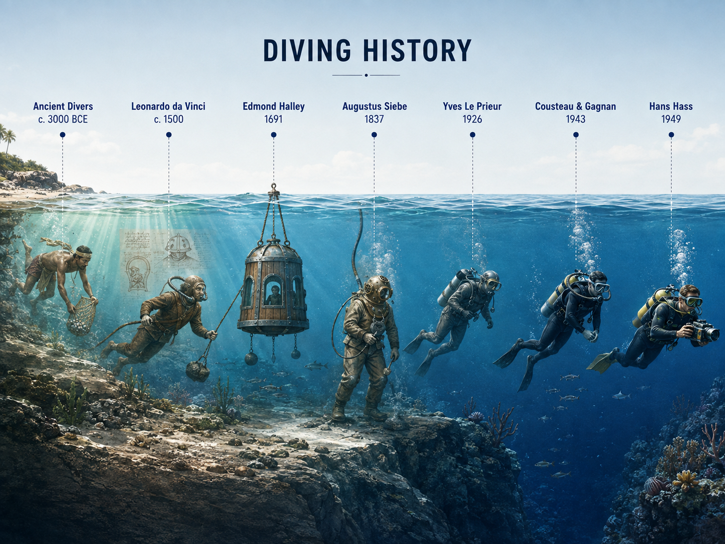 Illustrated dive history timeline from ancient breath-hold diving through major milestones in diving technology