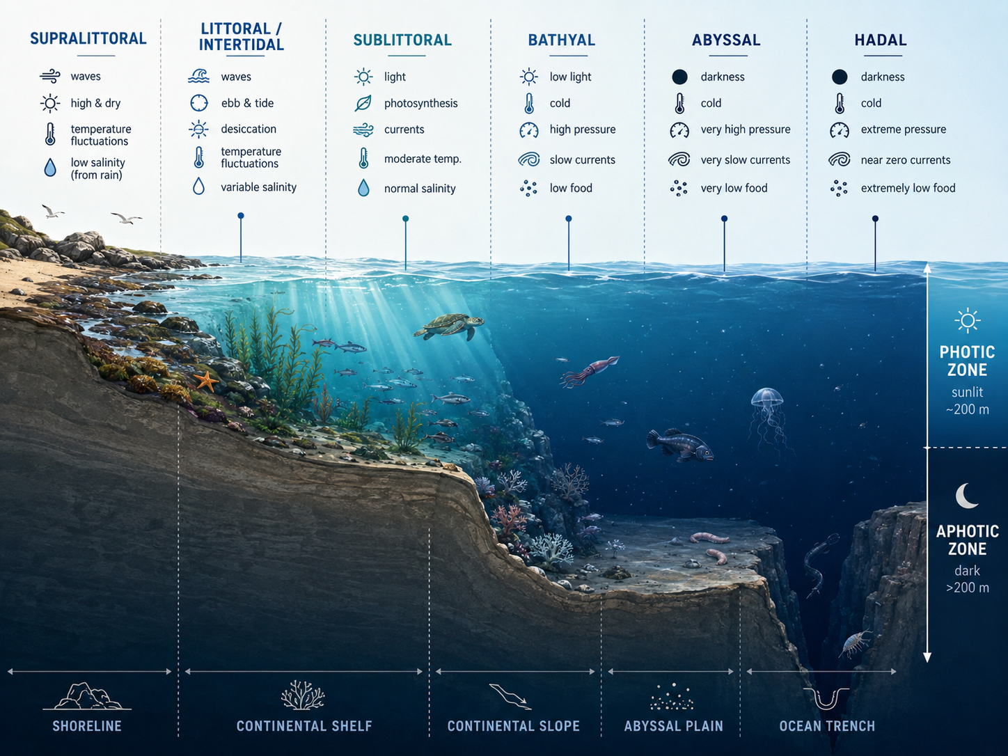 Illustrated map of marine ecological zones from supralittoral and intertidal shore through sublittoral, bathyal, abyssal and hadal zones, with light, pressure, temperature and food factors