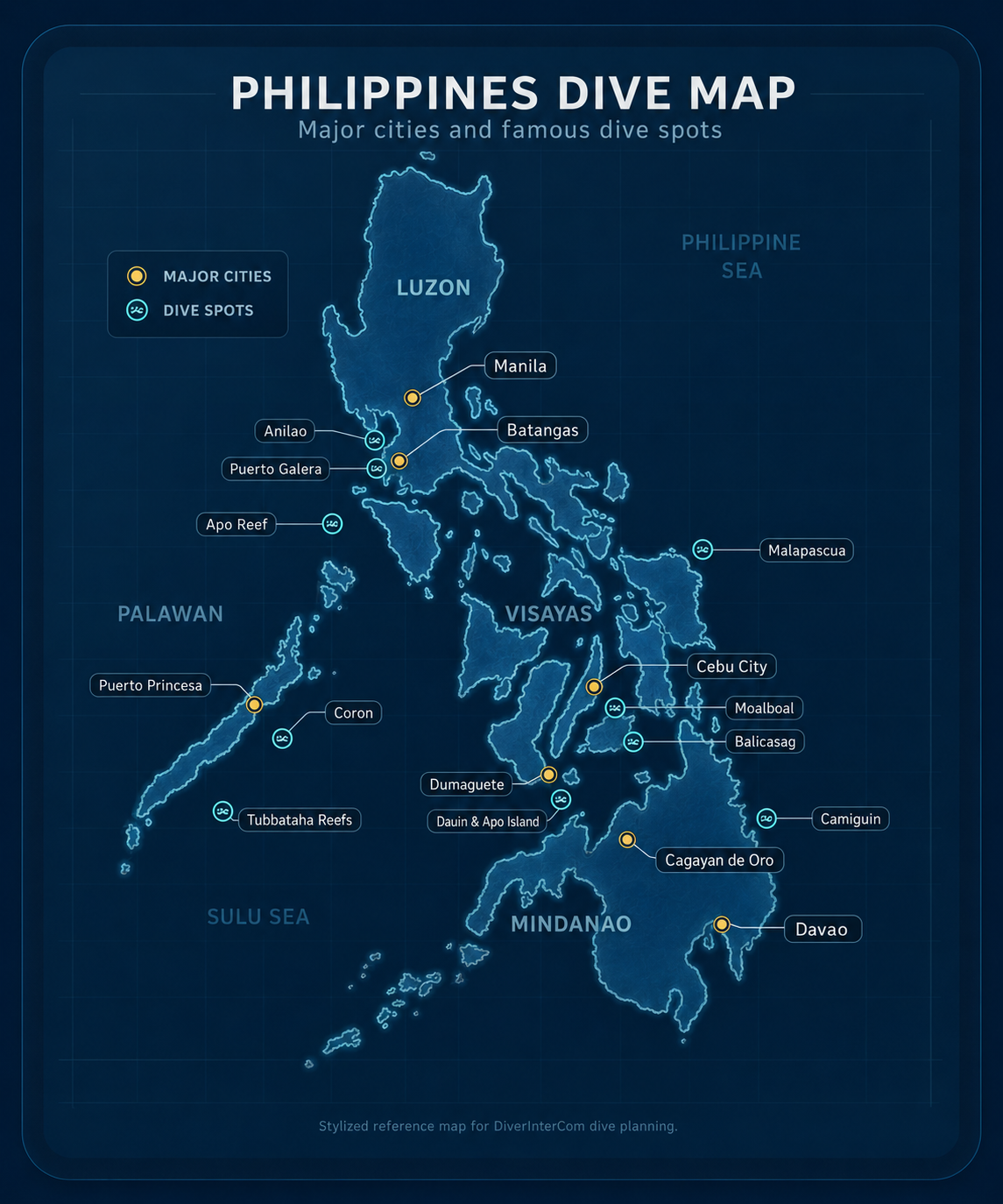Map of the Philippines with major cities and famous dive spots marked, including Manila, Batangas, Puerto Princesa, Cebu City, Dumaguete, Cagayan de Oro, Davao, Anilao, Puerto Galera, Apo Reef, Coron, Tubbataha Reefs, Malapascua, Moalboal, Dauin and Apo Island, Balicasag and Camiguin