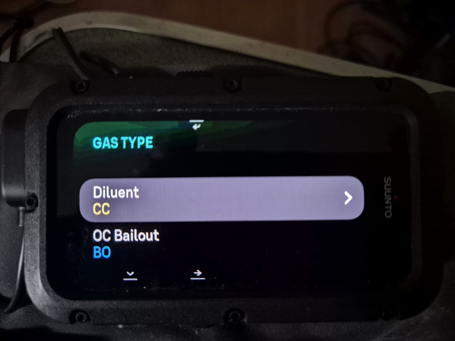 Suunto Nautic gas type selector with Diluent CC and OC Bailout BO