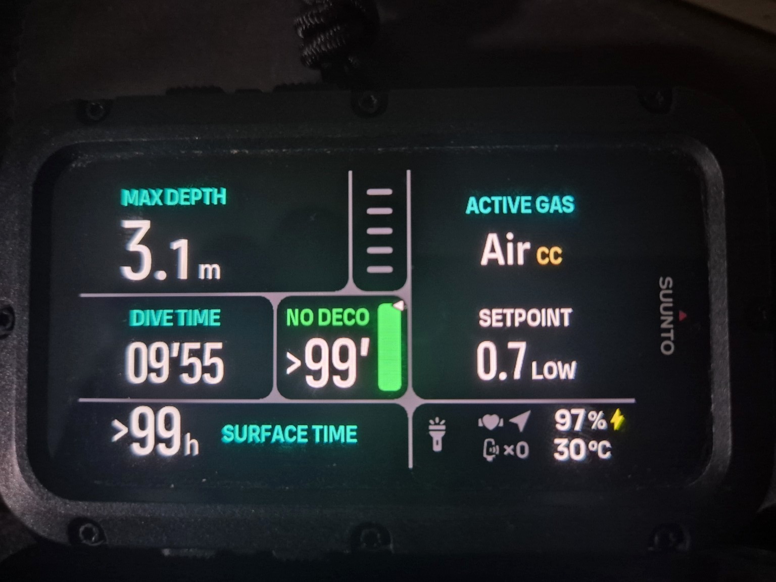Suunto Nautic CCR dive display showing TX14/46 and low setpoint