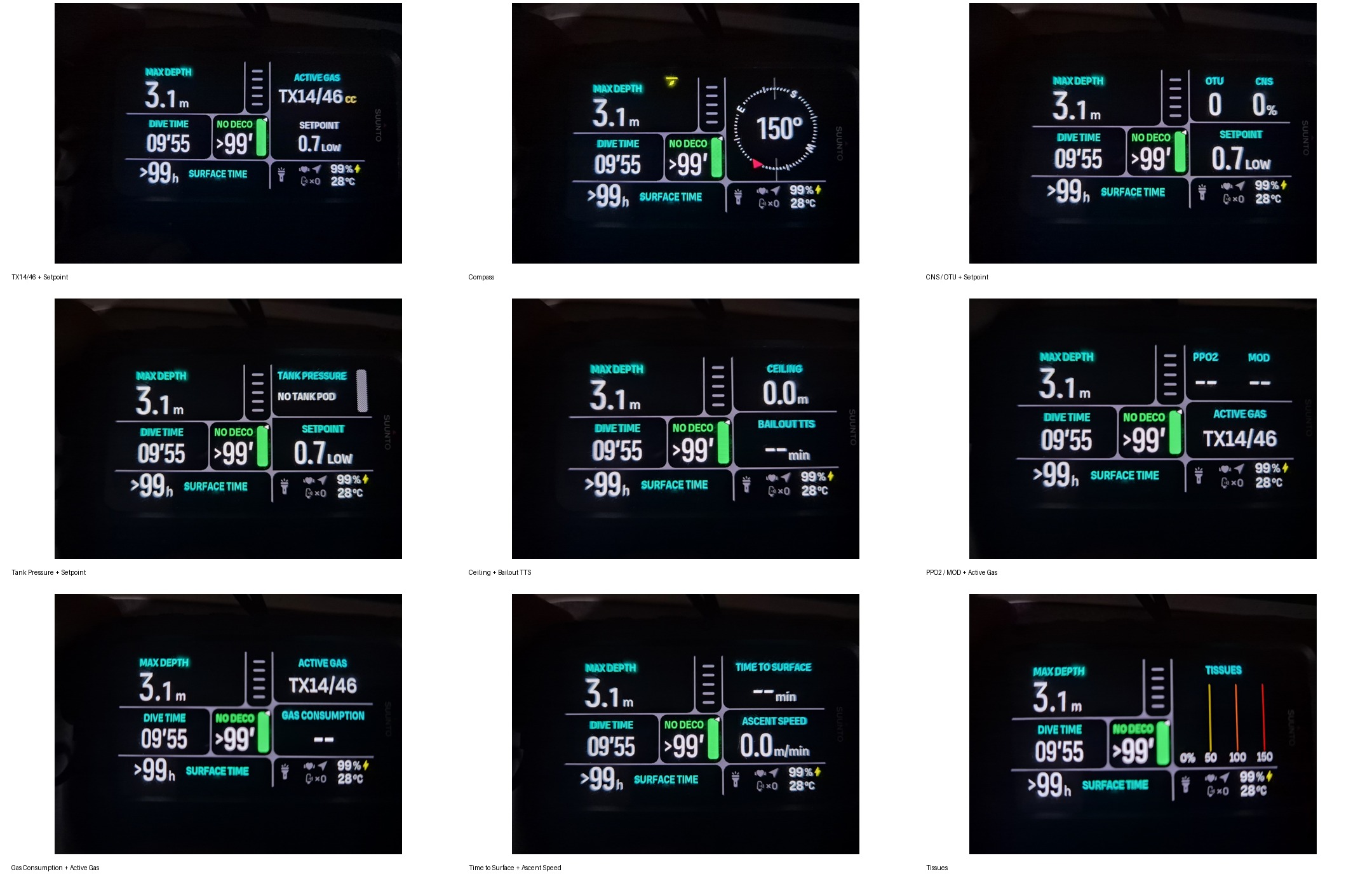 Nine customizable Suunto Nautic CCR switch-window views