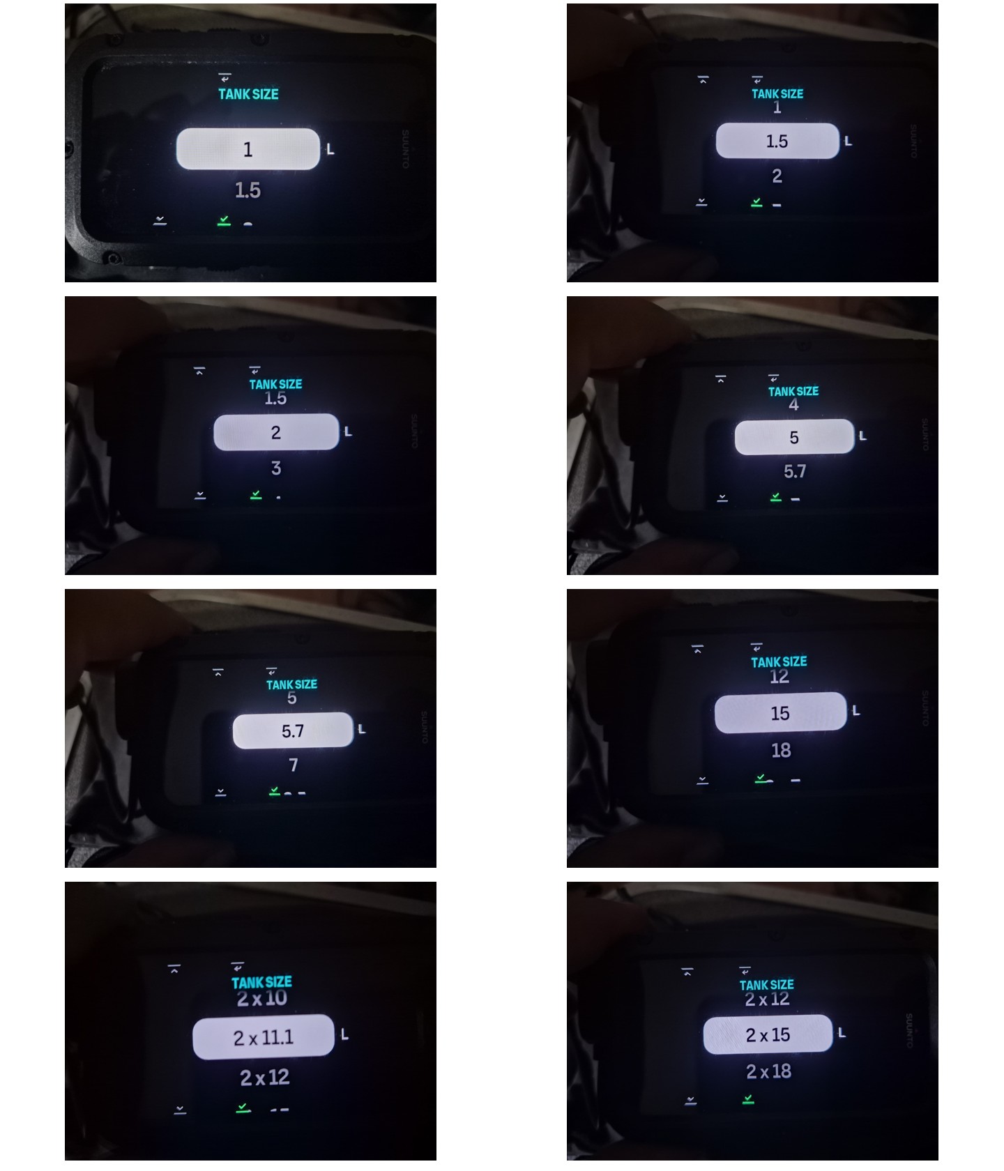 Suunto Nautic cylinder size choices from small CCR bottles to twinsets