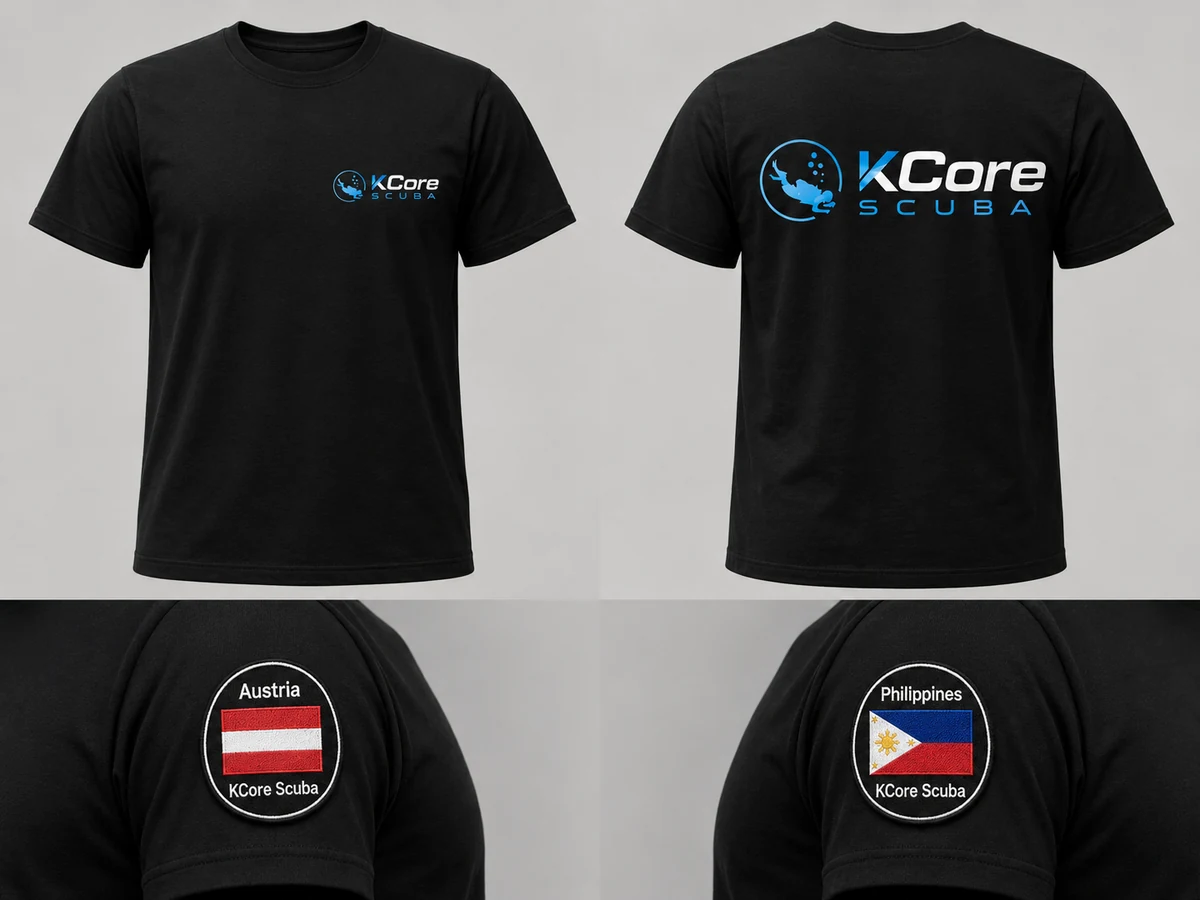 KCore Scuba black T-shirt mockup with front, back and sleeve patches