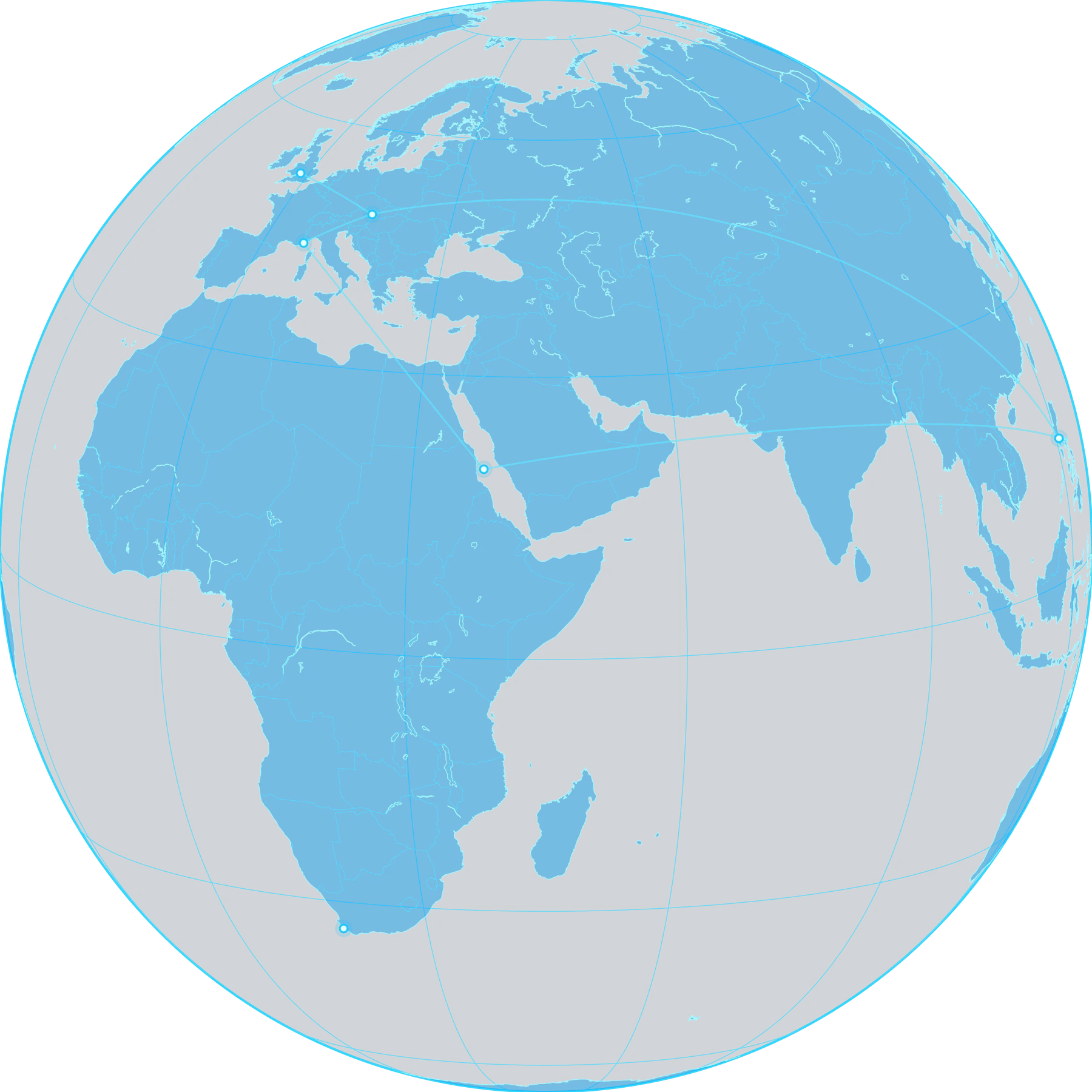 Realistic blue-black DiverInterCom world map globe with technical connection lines
